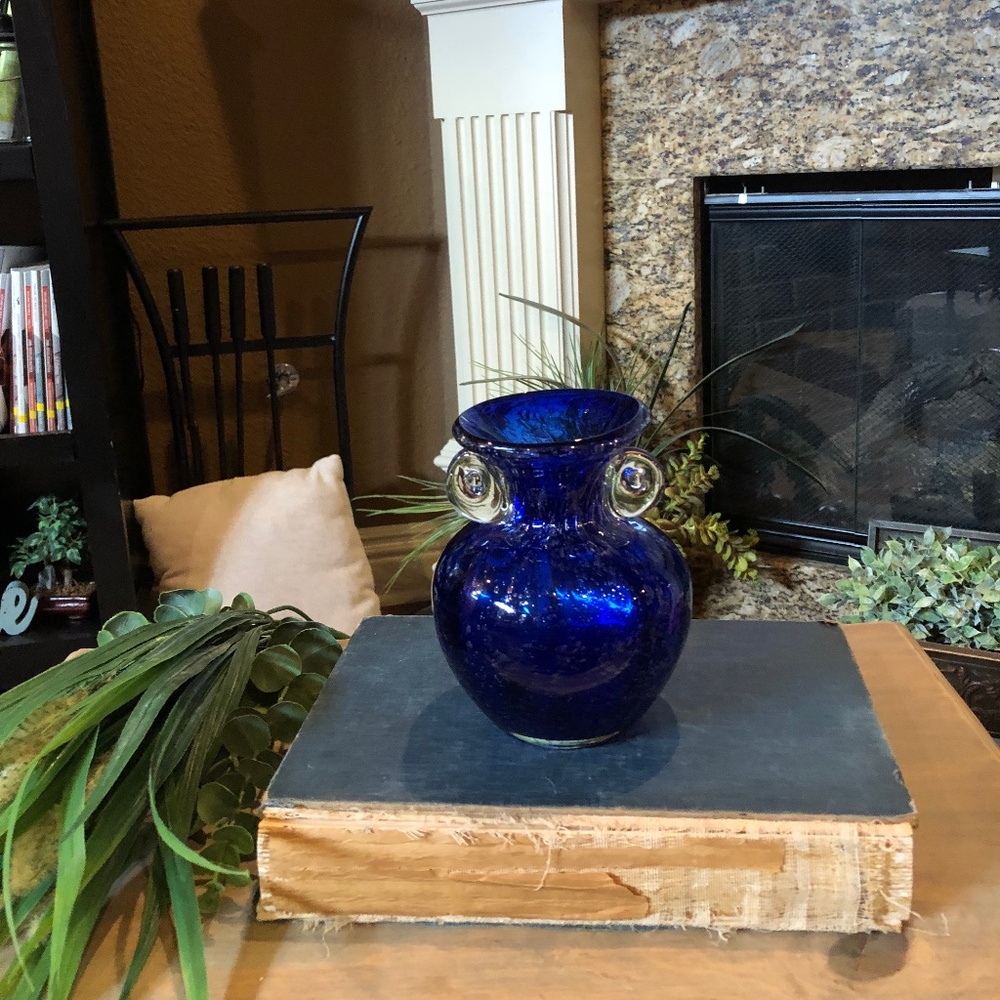 Vintage Orecchio Cobalt Blue Handblown Vase with Clear Handles. 5” Tall.